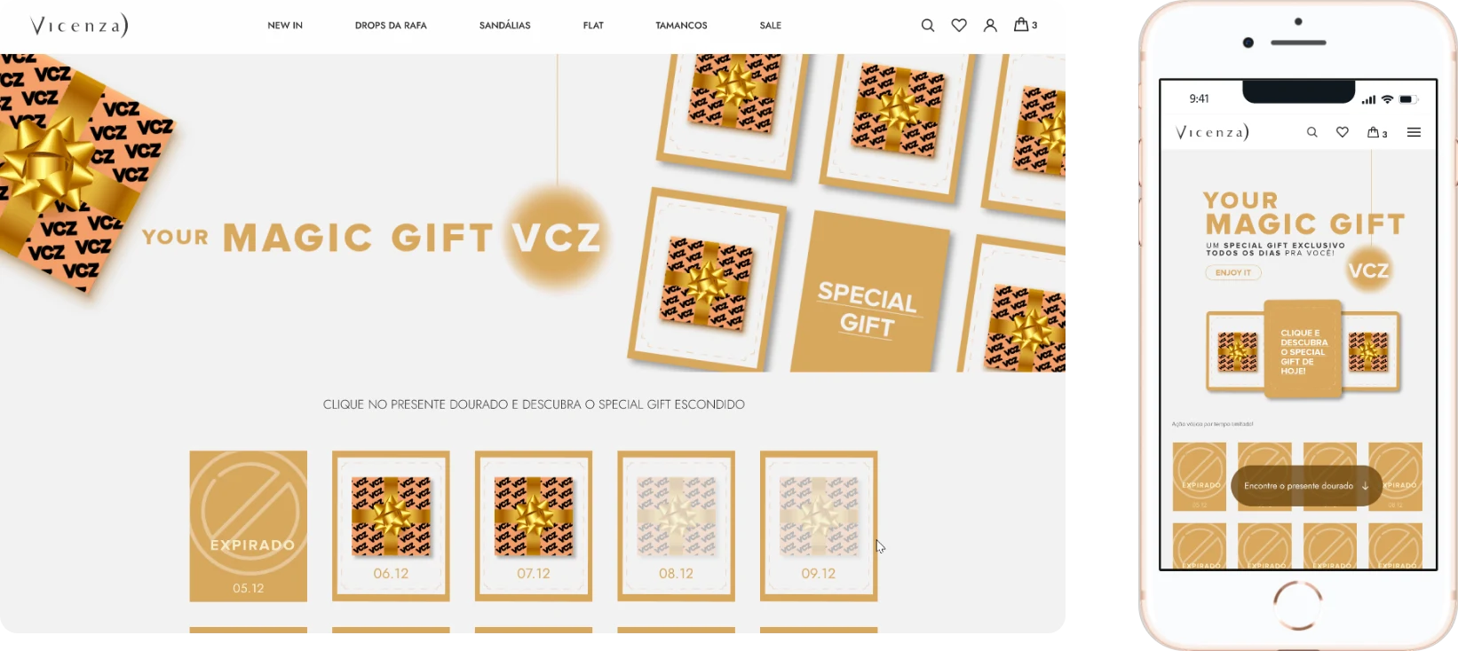 Your Magic Gift na Vicenza, no desktop e no mobile: dia expirado, dias disponíveis e dias futuros
