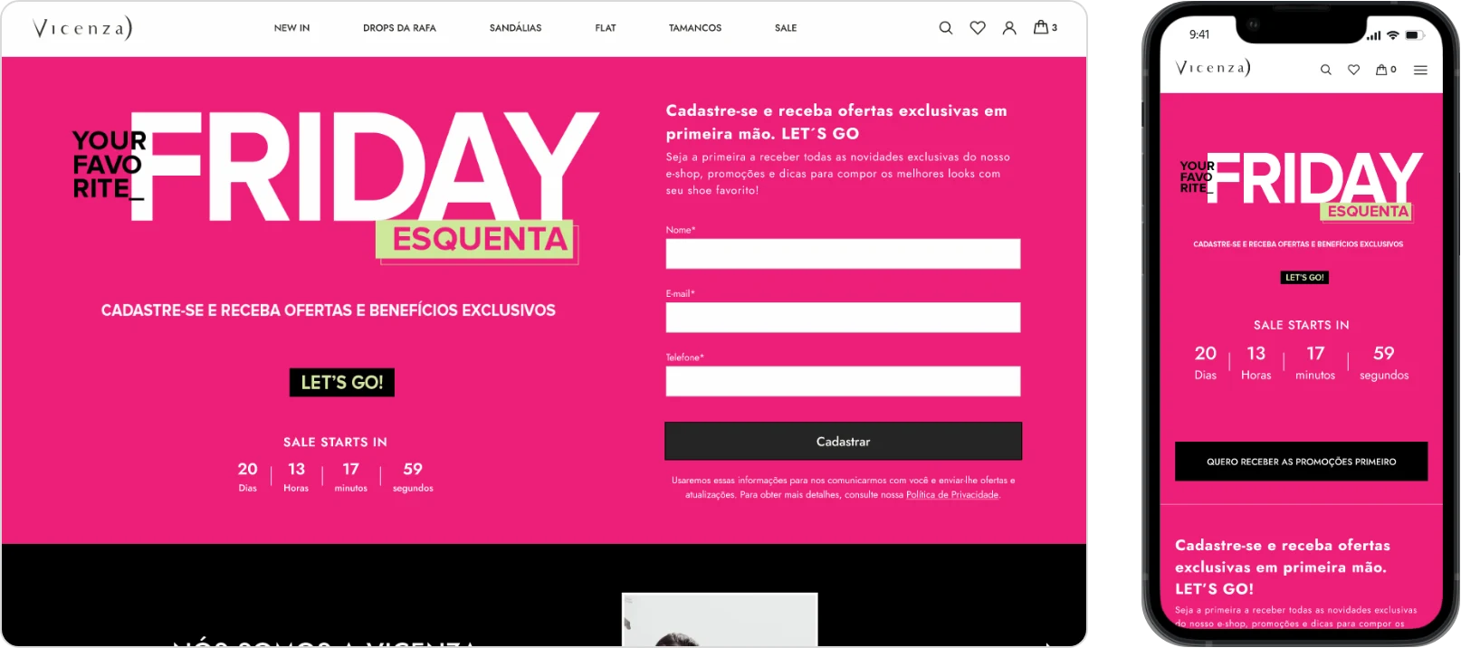 Esquenta da Black Friday na Vicenza: cadastro antecipado com contagem regressiva, no desktop e no mobile