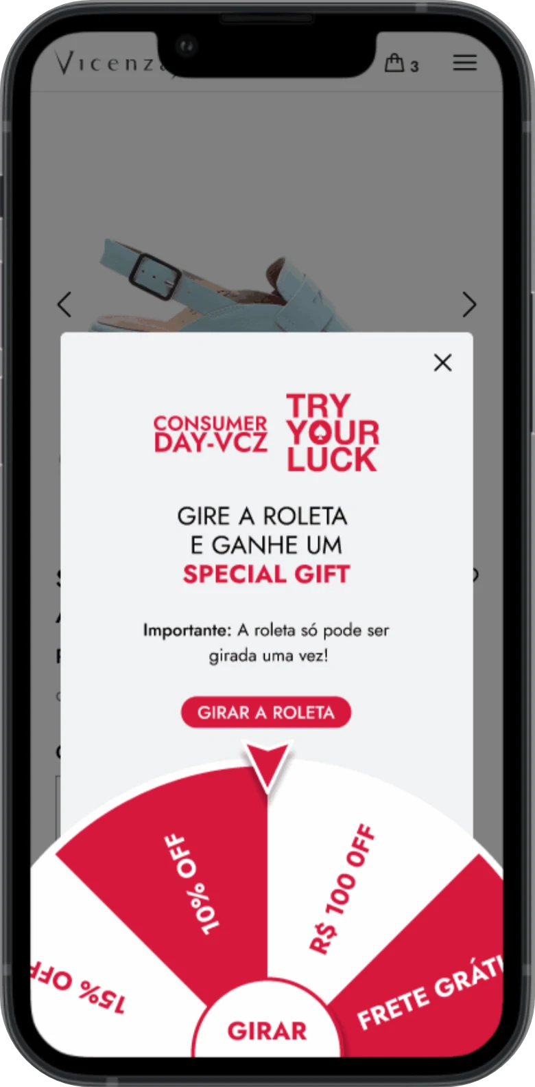 Roleta no mobile, antes de girar: “A roleta só pode ser girada uma vez!”