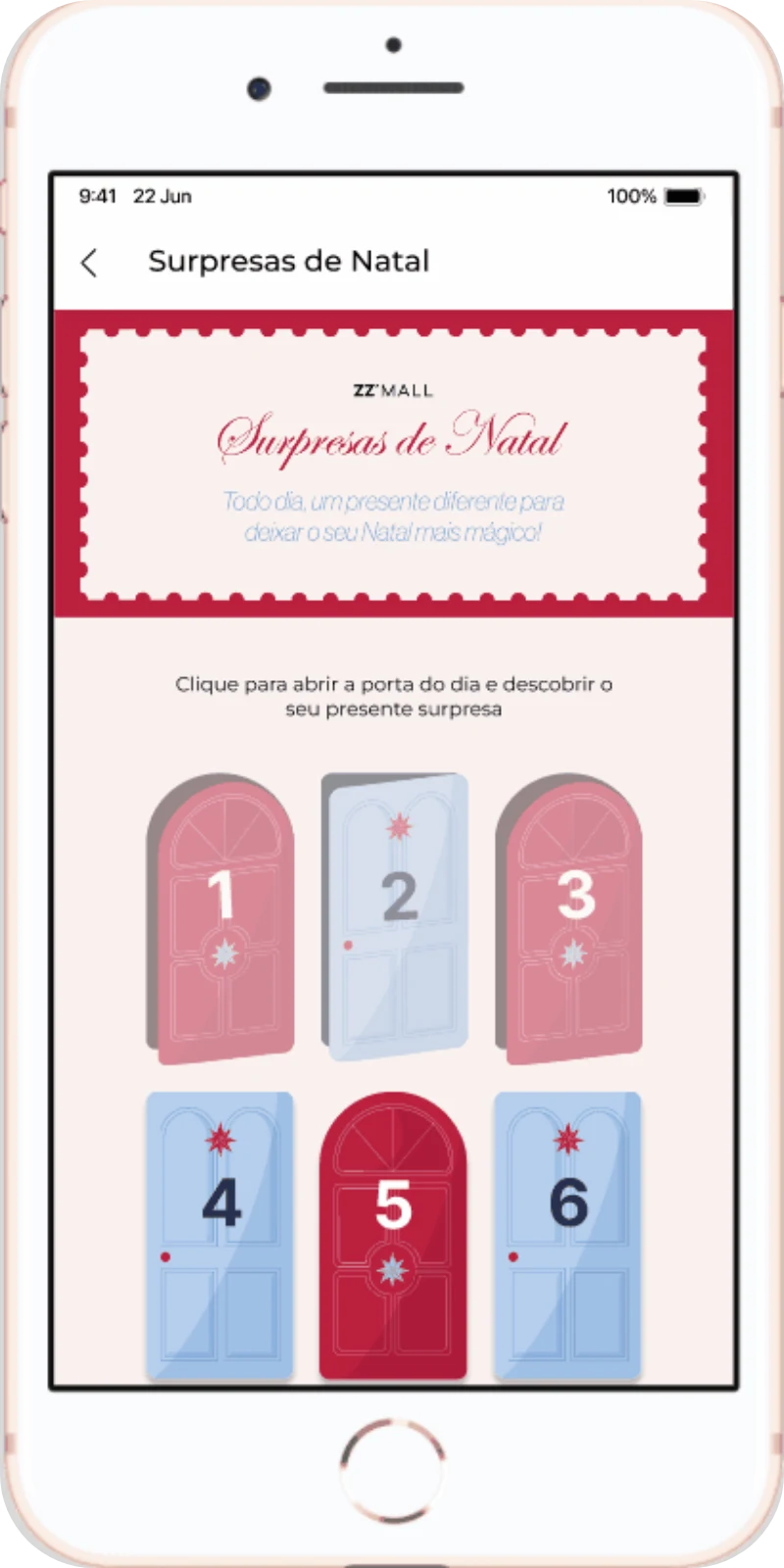 Surpresas de Natal no app do ZZ Mall, com uma porta para cada dia