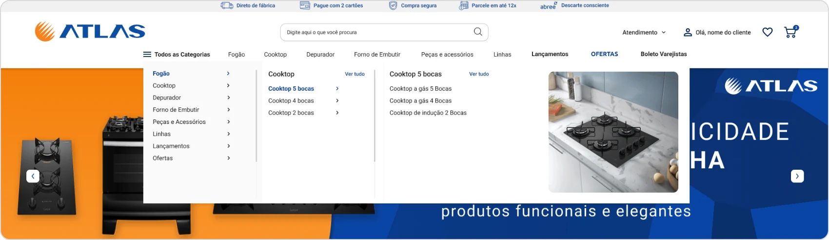 Menu da Atlas, só com tipografia direta