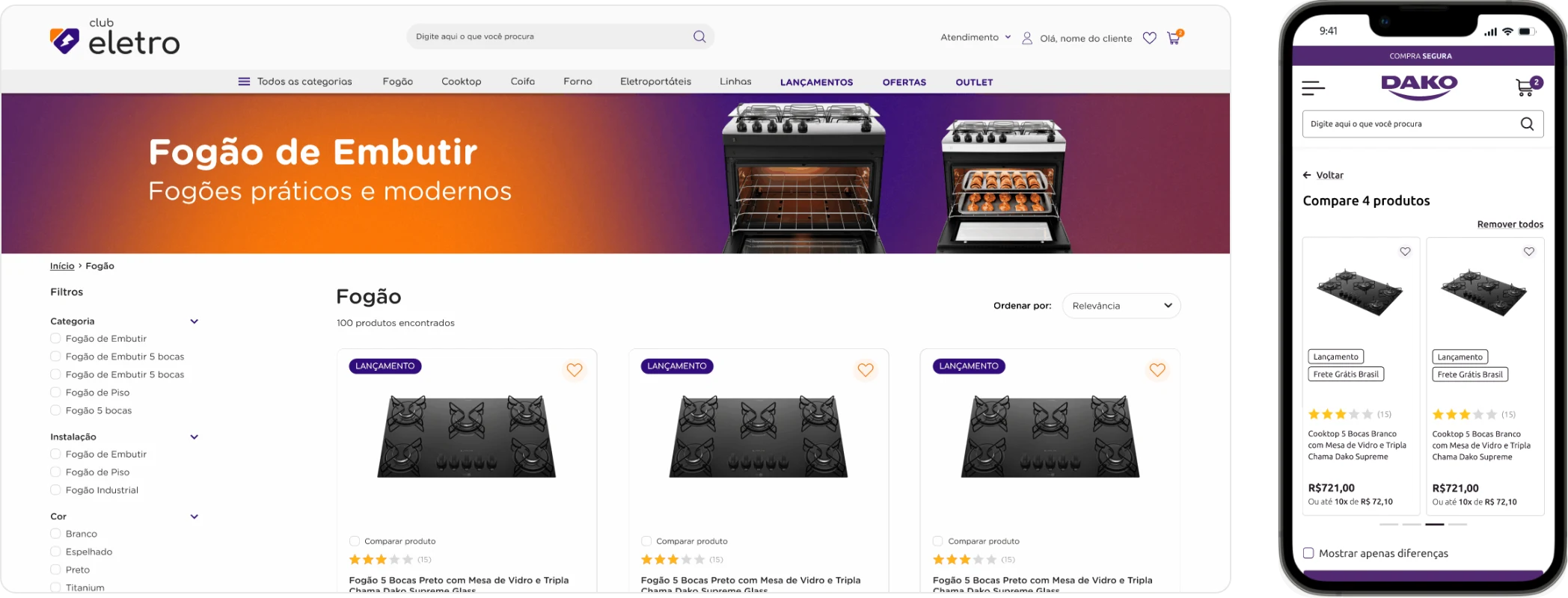PLP com a opção “Comparar produto” no card e o comparador de até 4 produtos no mobile