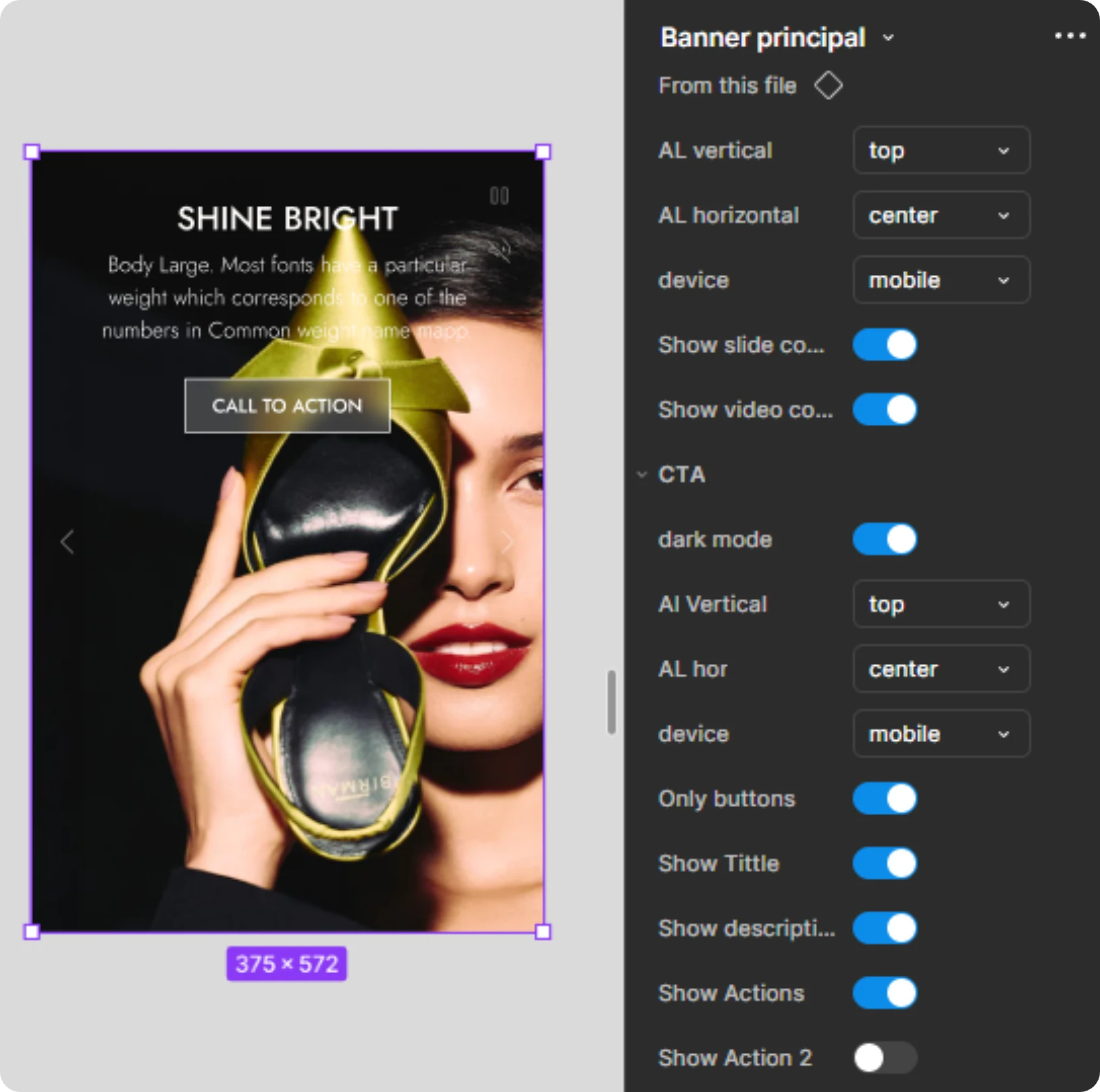 Componente do banner principal no Figma, com propriedades para vídeo, CTA, alinhamento e modo escuro
