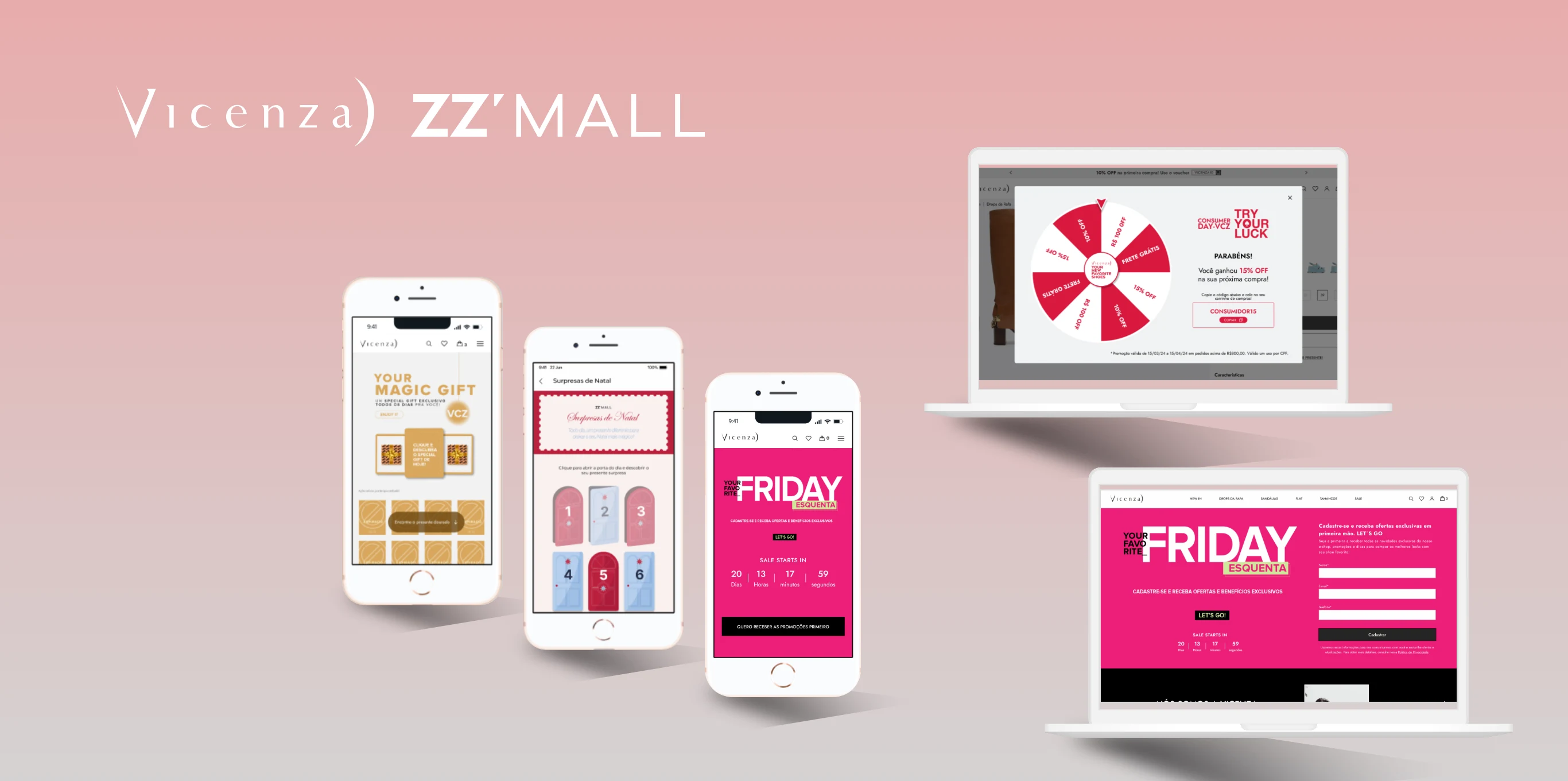 Roleta, calendário do advento e Black Friday da Vicenza e do ZZ Mall no celular e no notebook
