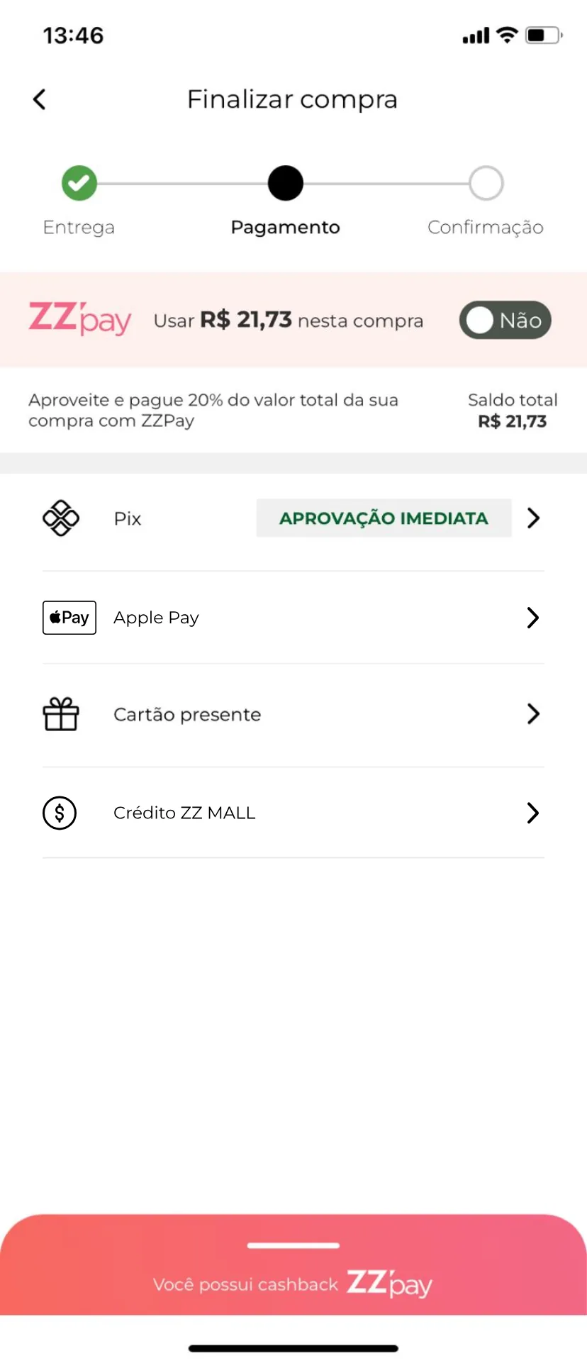 Tela de pagamento do app ZZ Mall com crédito e cashback