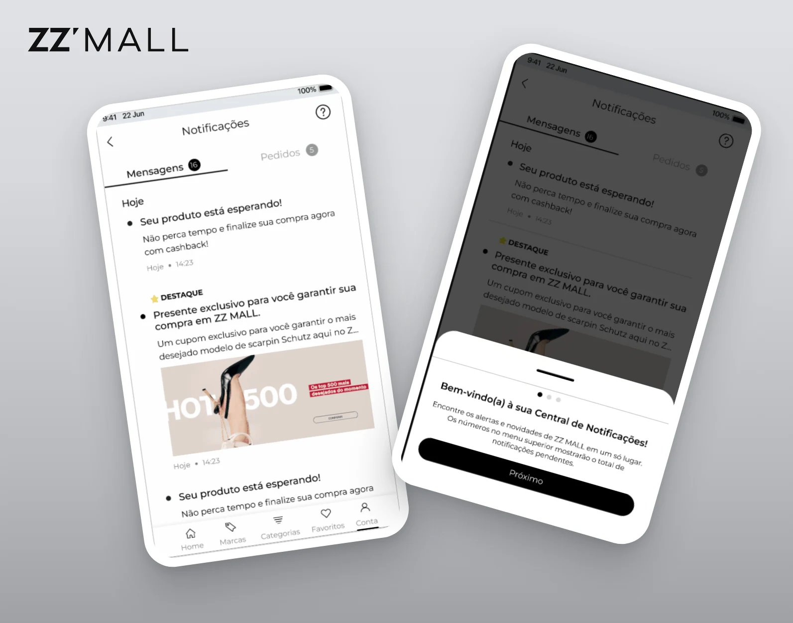 Central de Notificações do app ZZ Mall: aba Mensagens e onboarding