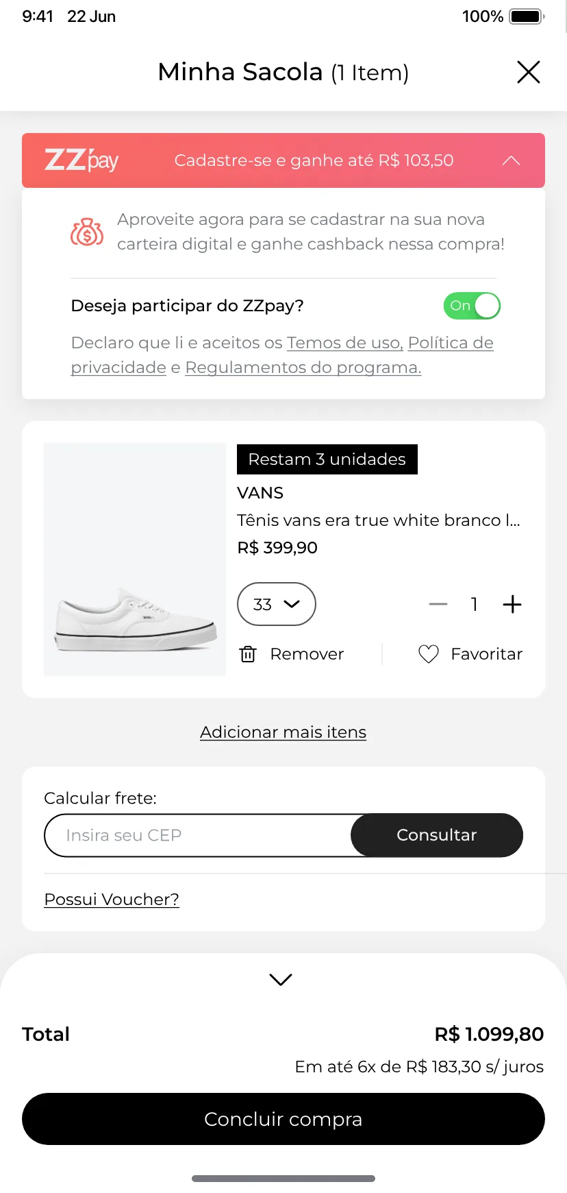 Tela da sacola do app ZZ Mall com cashback ZZ Pay