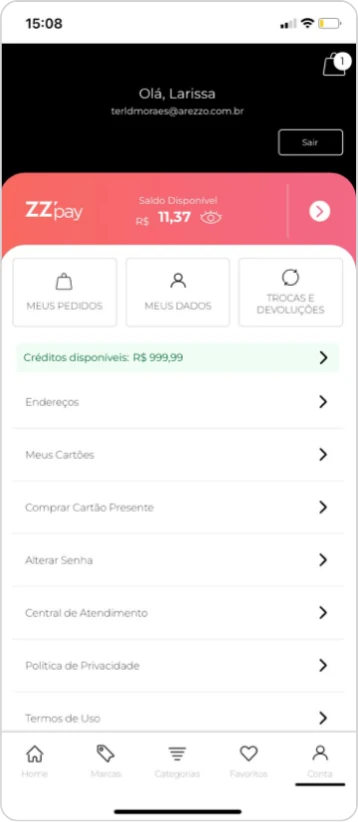 Minha Conta com o atalho para os créditos