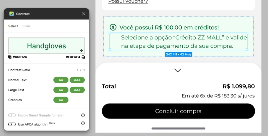 Teste de contraste do aviso de saldo, aprovado no padrão WCAG