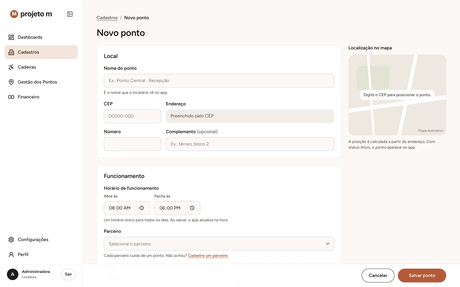 Cadastro de ponto: o CEP preenche o endereço e o mapa