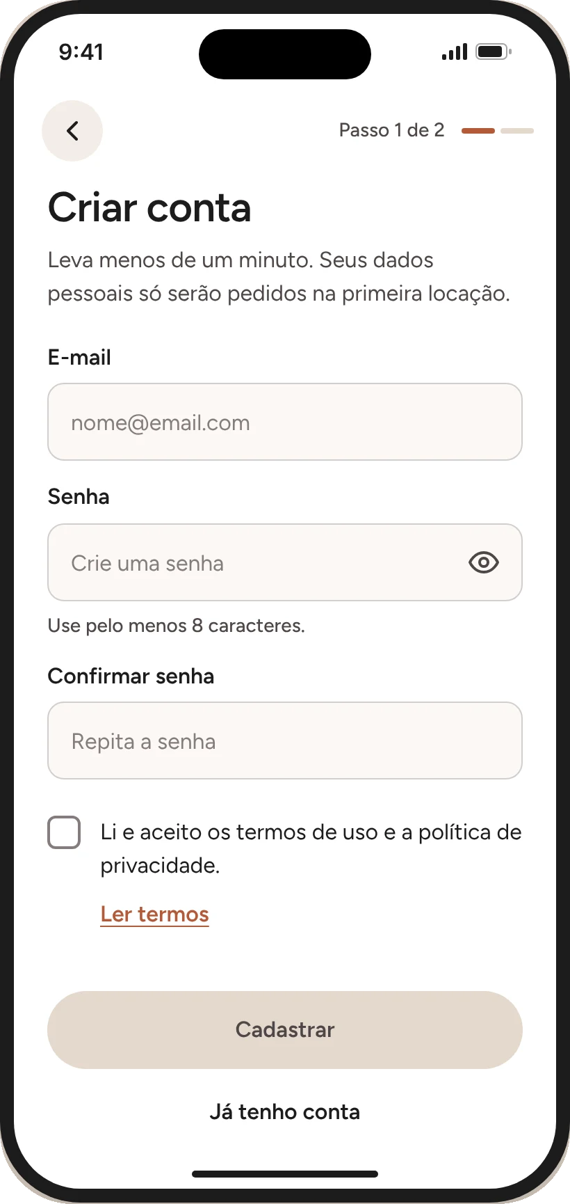 Cadastro em 2 passos