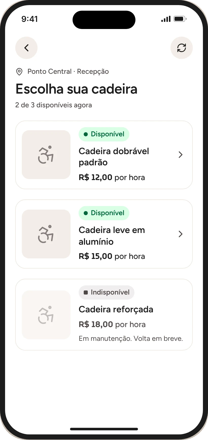 Lista de cadeiras, com a cadeira em manutenção apagada e o motivo