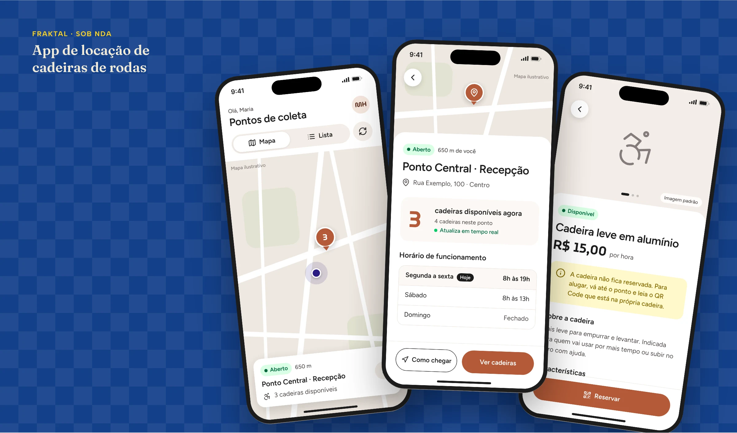 Telas anonimizadas do app de locação de cadeiras de rodas