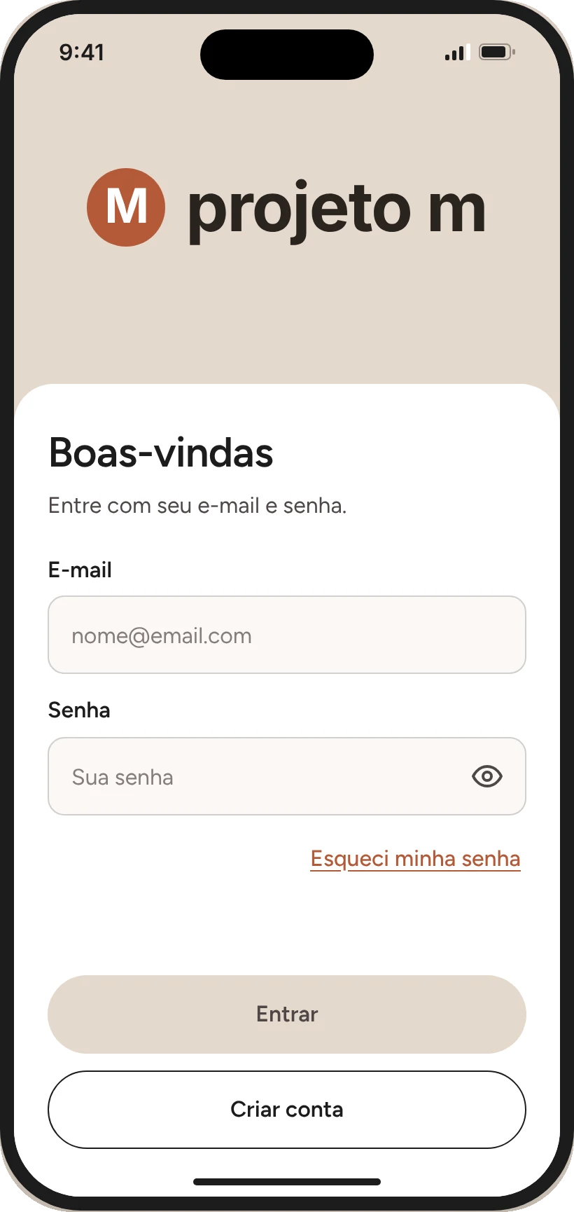 Login: hierarquia clara, campos grandes e uma única ação principal