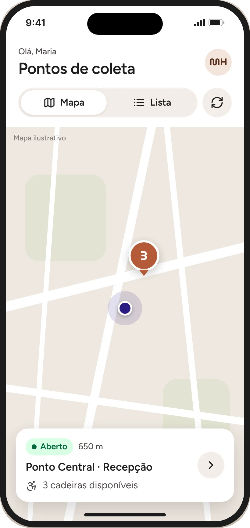 Home em mapa, com o estoque no pin