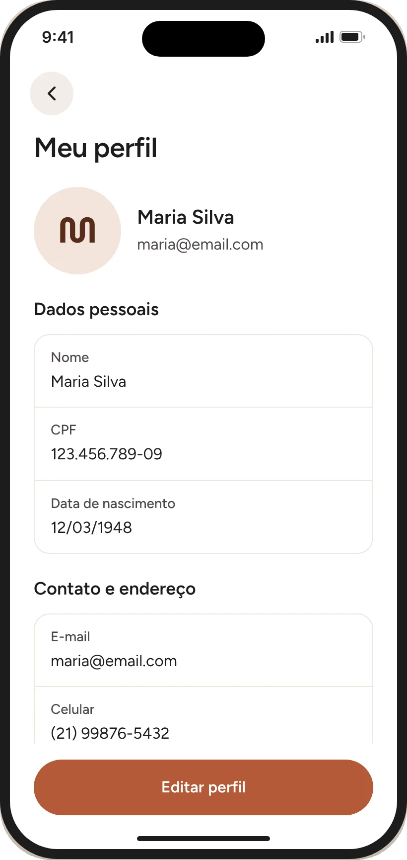 Perfil com os dados organizados em grupos