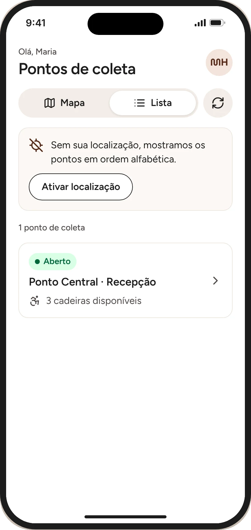 Sem localização: lista em ordem alfabética e botão para ativar