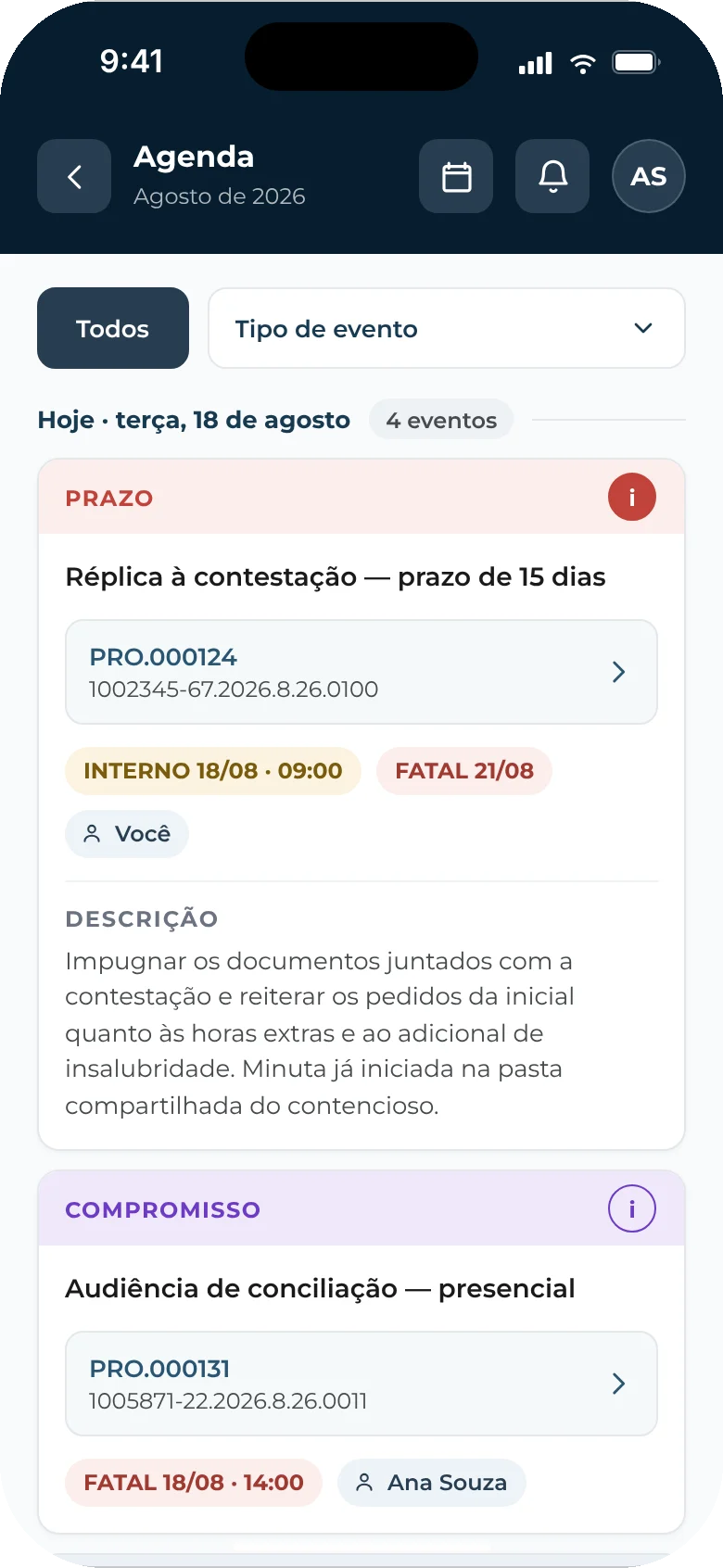 Agenda com datas internas e fatais