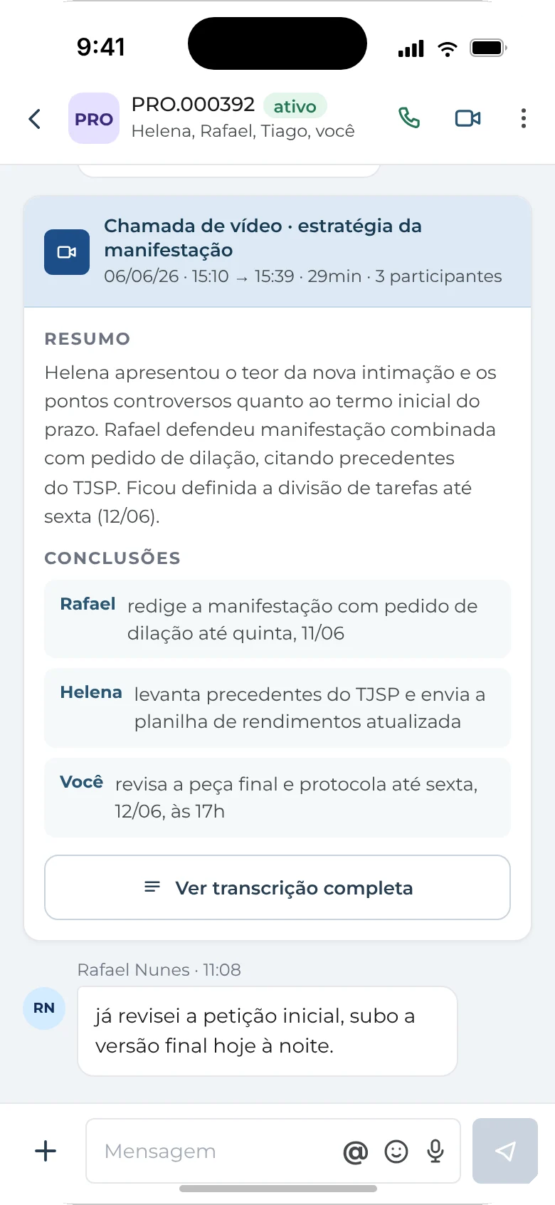 Card da ata de chamada, com as conclusões por pessoa