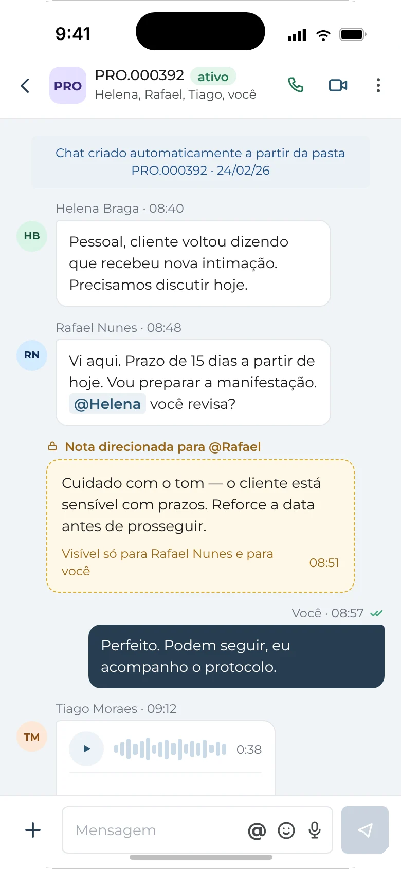 Chat do processo, com nota direcionada e áudio