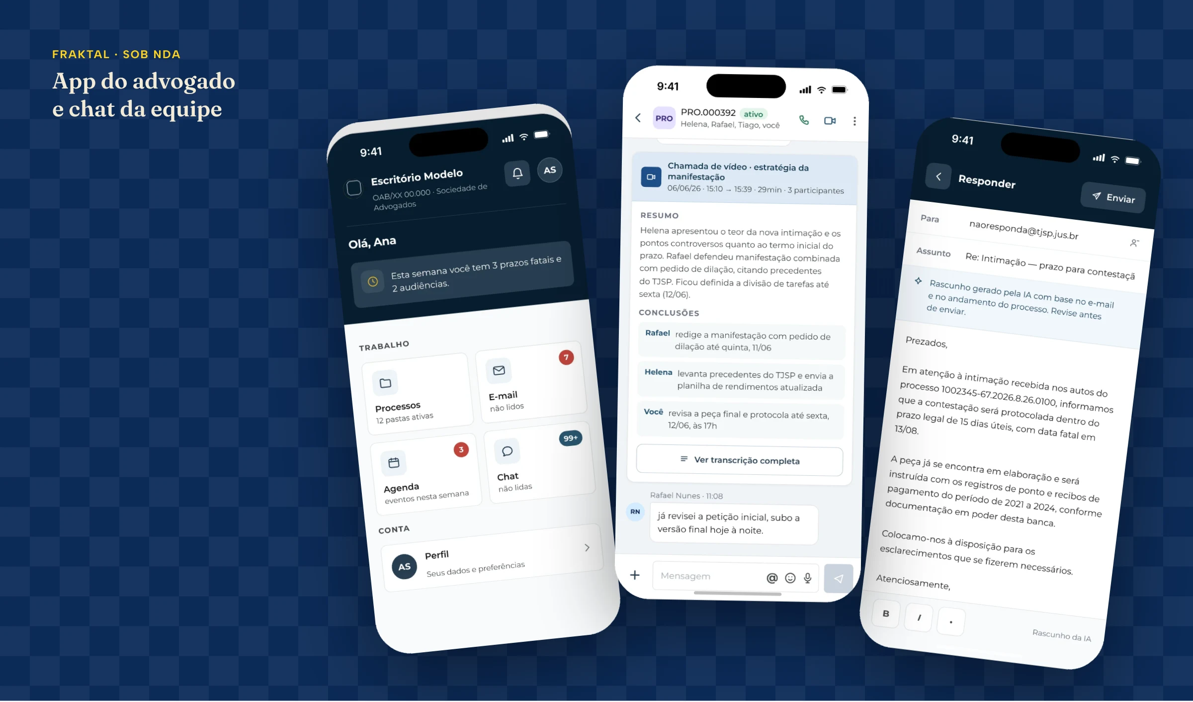 Telas anonimizadas do app do advogado