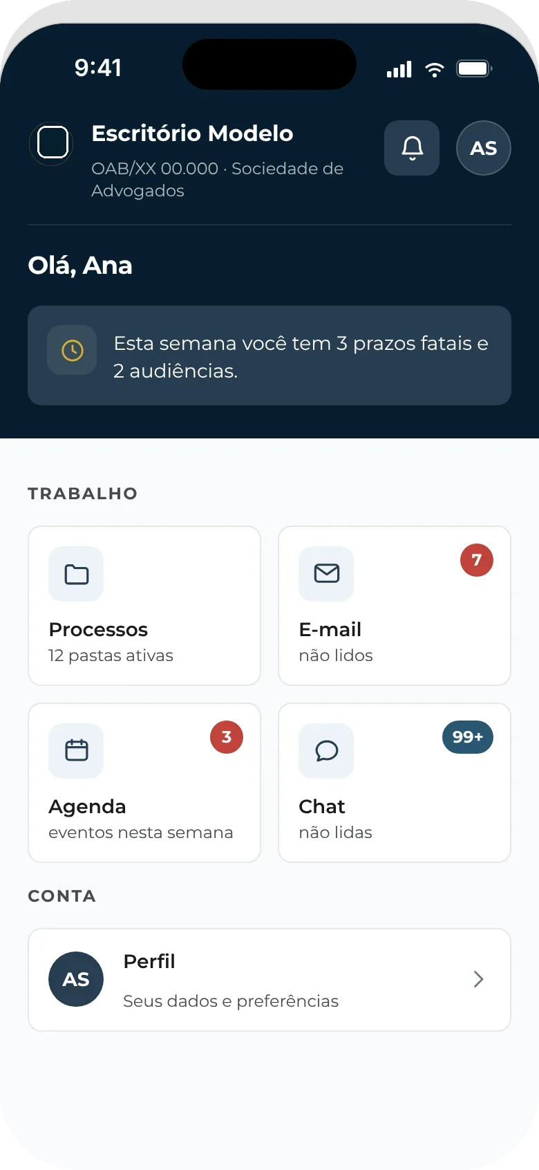 Início com a grade de módulos