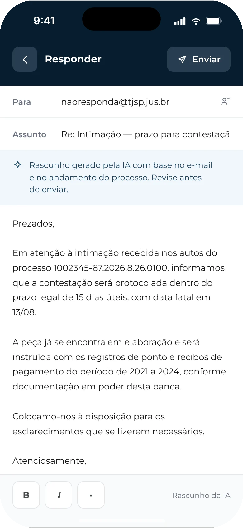 Rascunho gerado pela IA, com o aviso de revisão