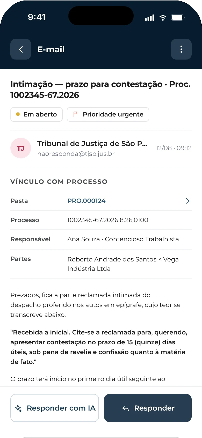 E-mail aberto, com o vínculo do processo em destaque