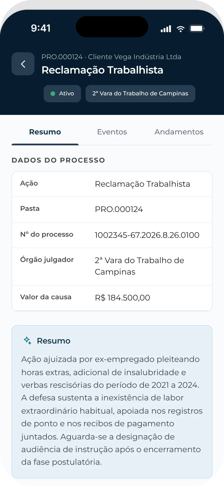 Detalhe da pasta, com o resumo do caso