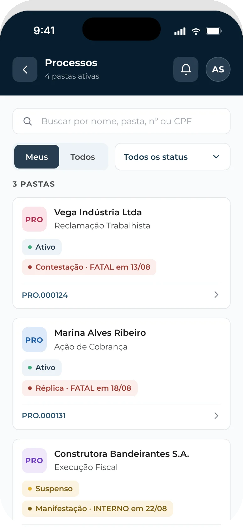 Processos: busca, filtros e o evento mais urgente de cada pasta