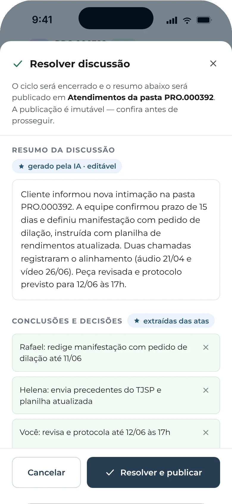 Resolver discussão: resumo editável e aviso de imutabilidade