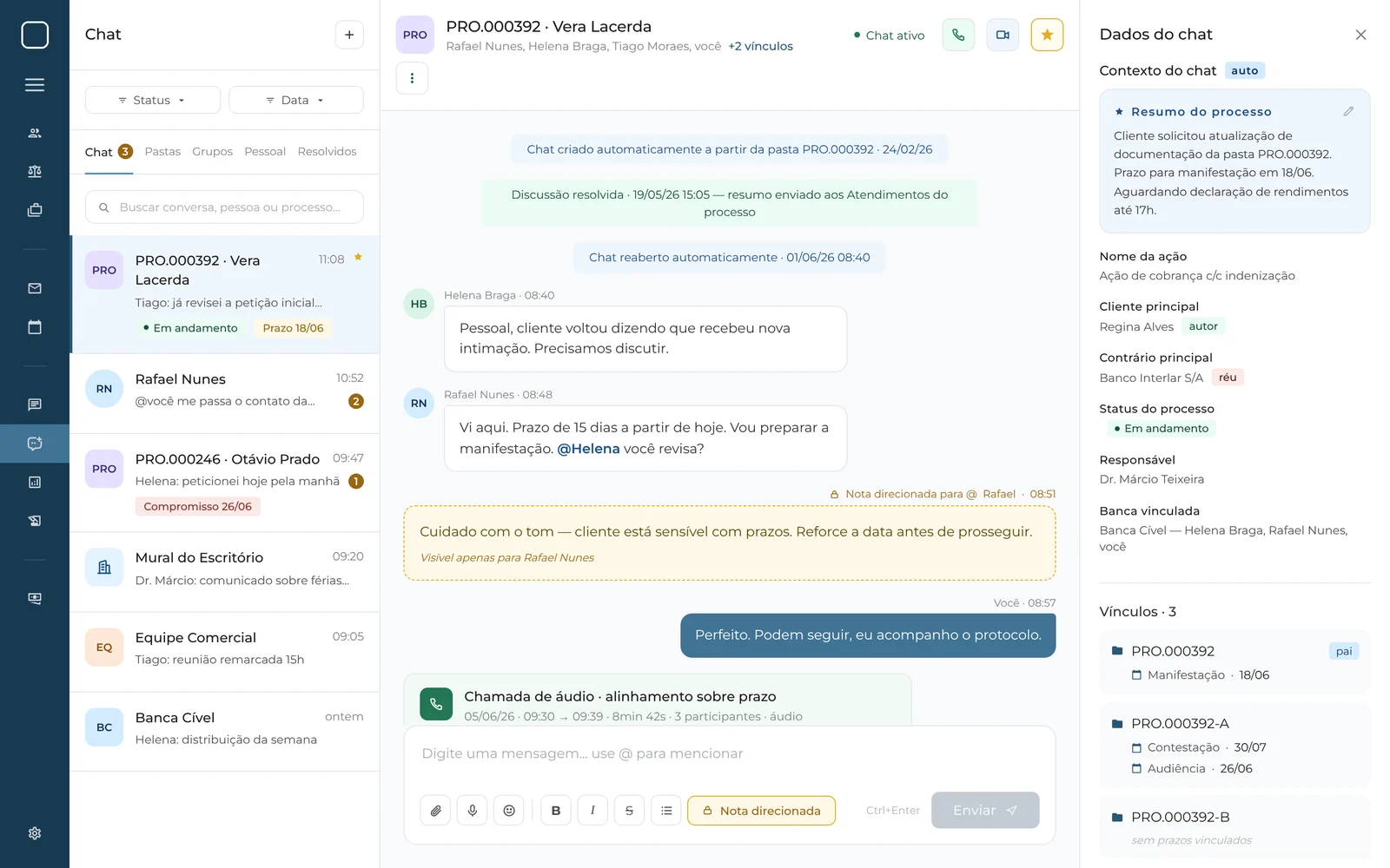 Chat na web: conversas, discussão e dados do processo