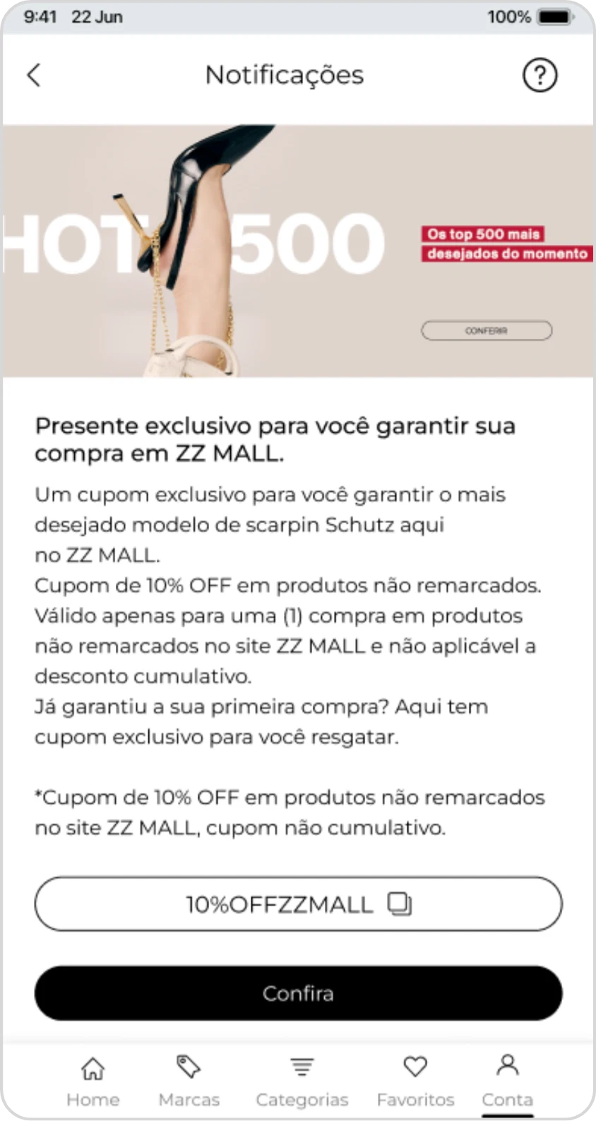 Detalhe da notificação com o banner, o cupom para copiar e o botão “Confira”