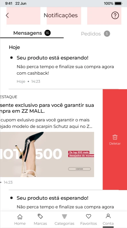 Swipe para a esquerda revela a ação de deletar