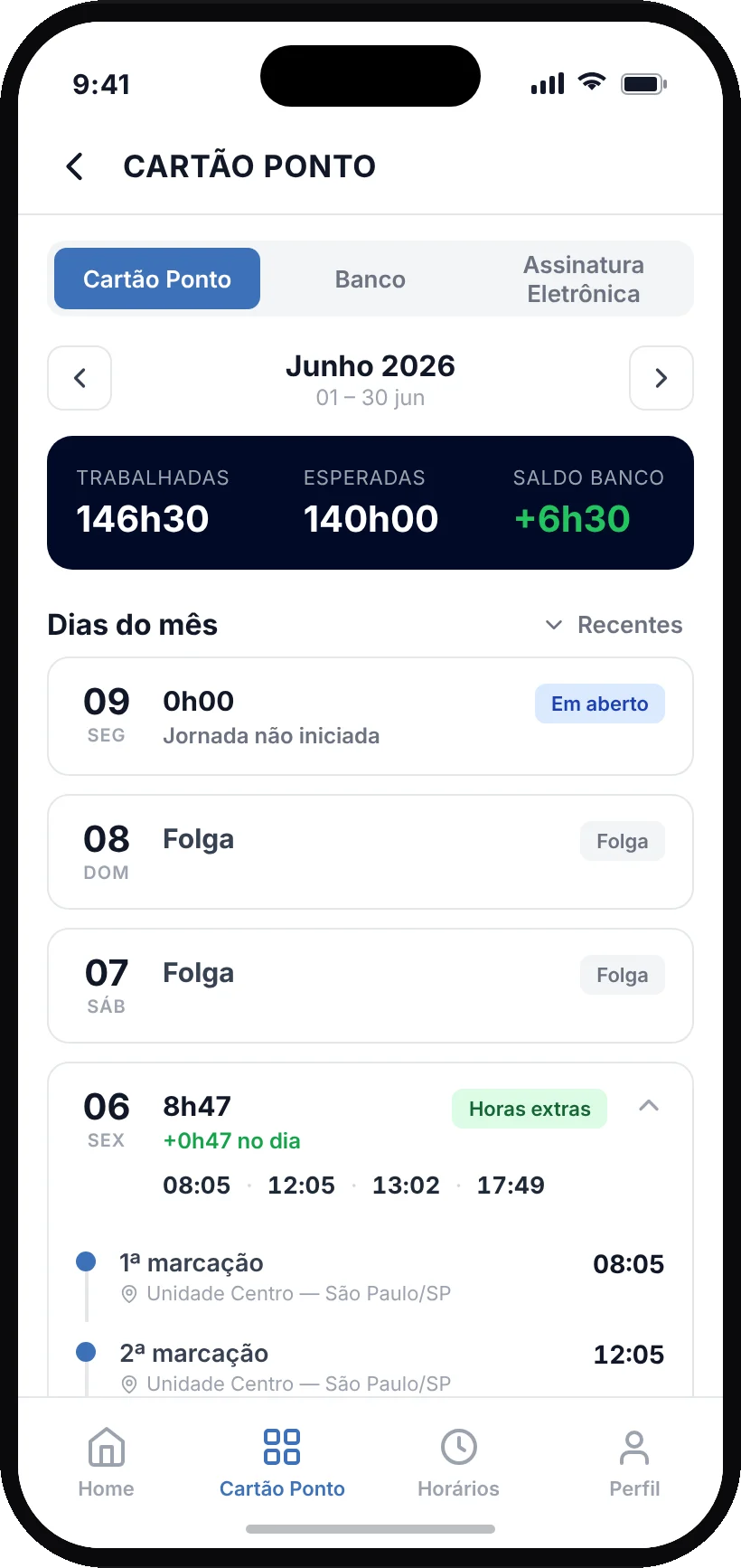 Cartão ponto com o status de cada dia