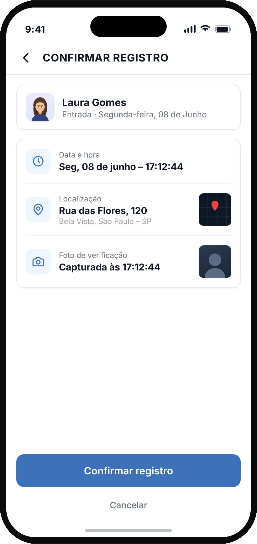 Confirmação com hora, local e foto
