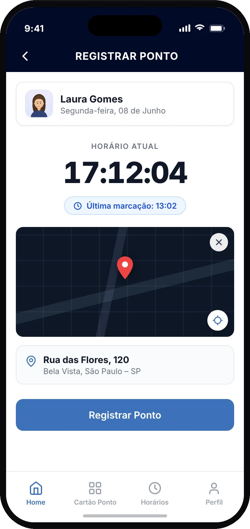 Registrar ponto: horário atual e localização