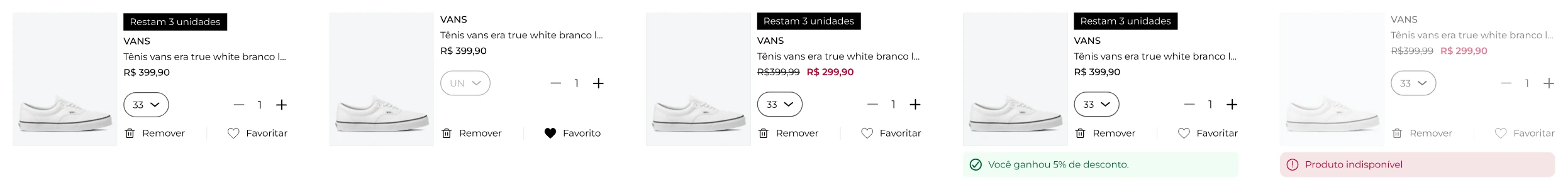 Variações do card de produto: padrão, tamanho único, preço remarcado, desconto e indisponível